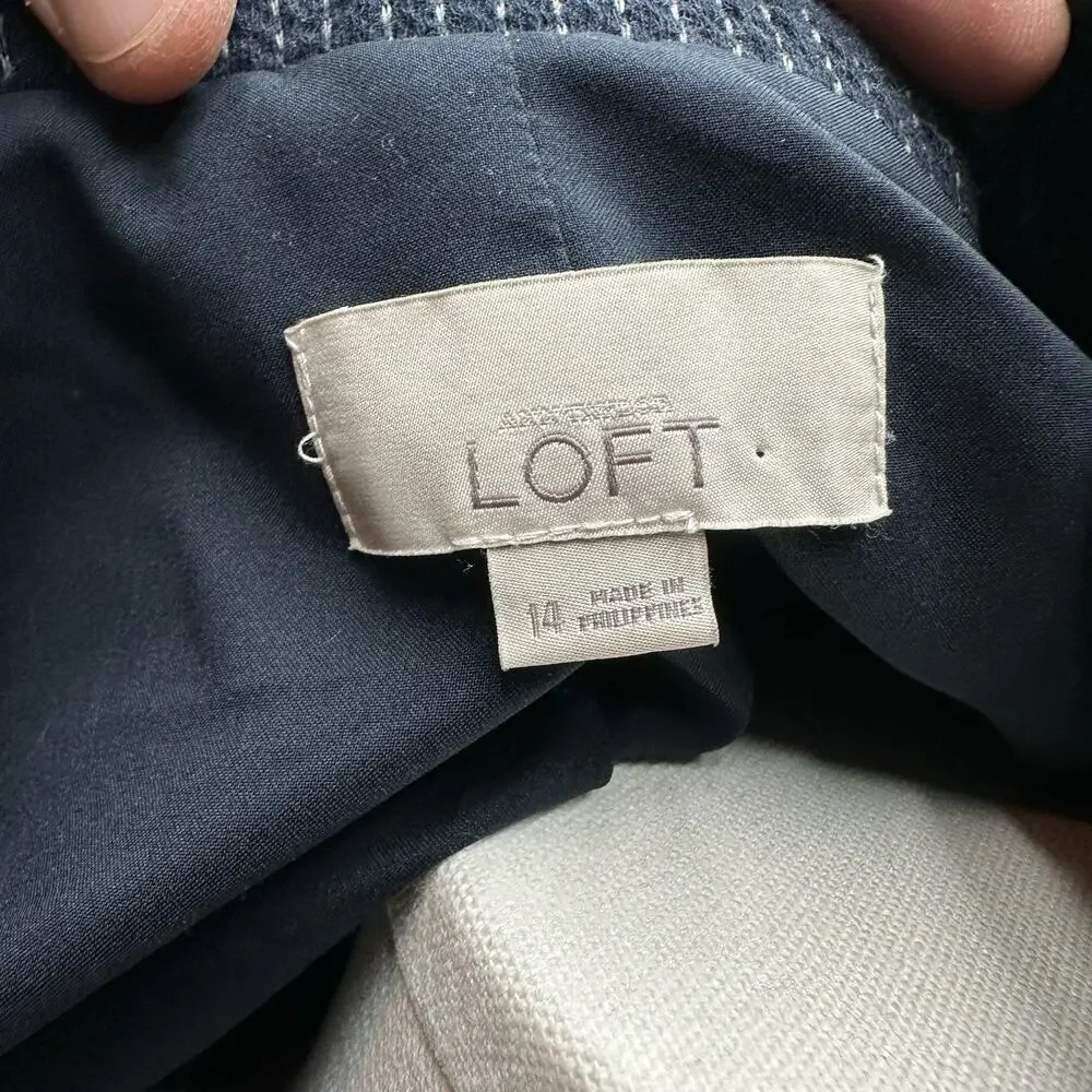 LOFT Textured Blazer Size 14 Navy Blue Career Office Preppy Academia Chic Basic - Picture 10 of 12